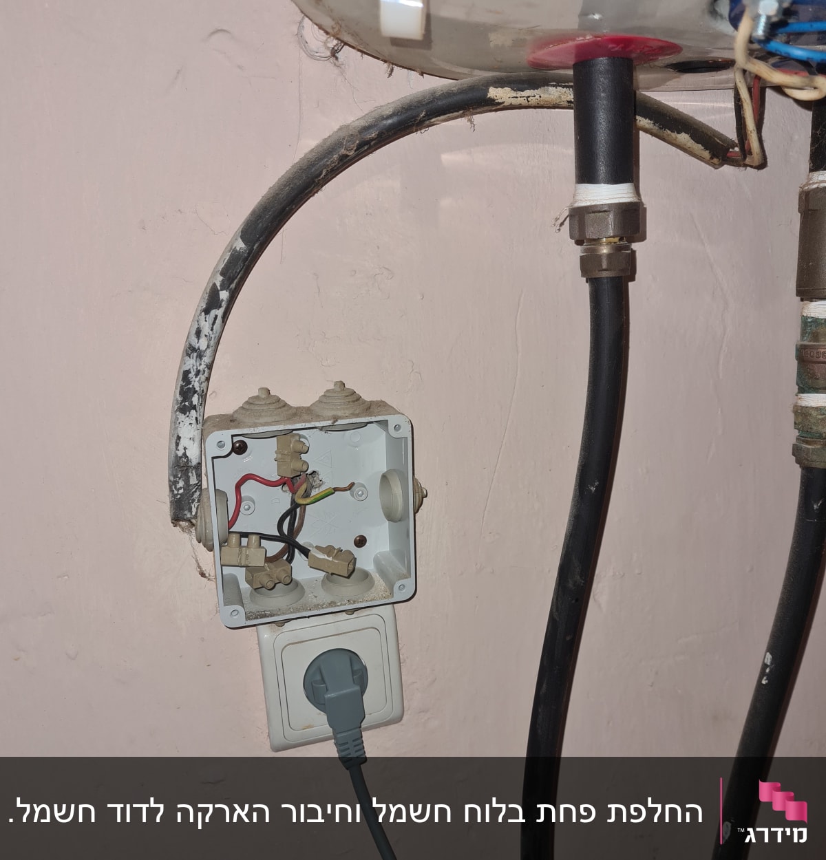 תיבת חיבורים חשמלית פתוחה עם חוטים צבעוניים